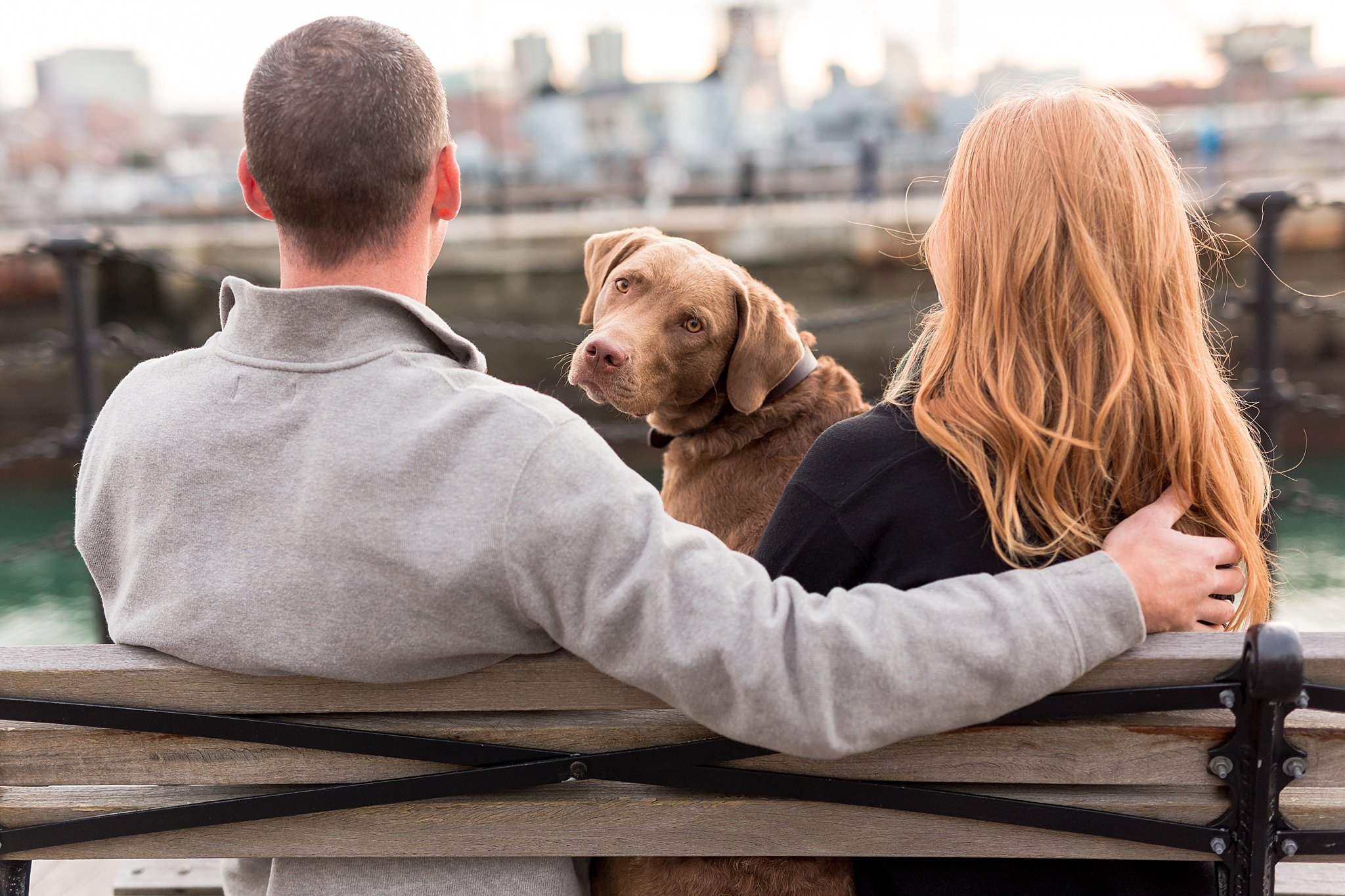 Couple sitting on a bench with chesapeake bay retriever in the charlestown navyyard