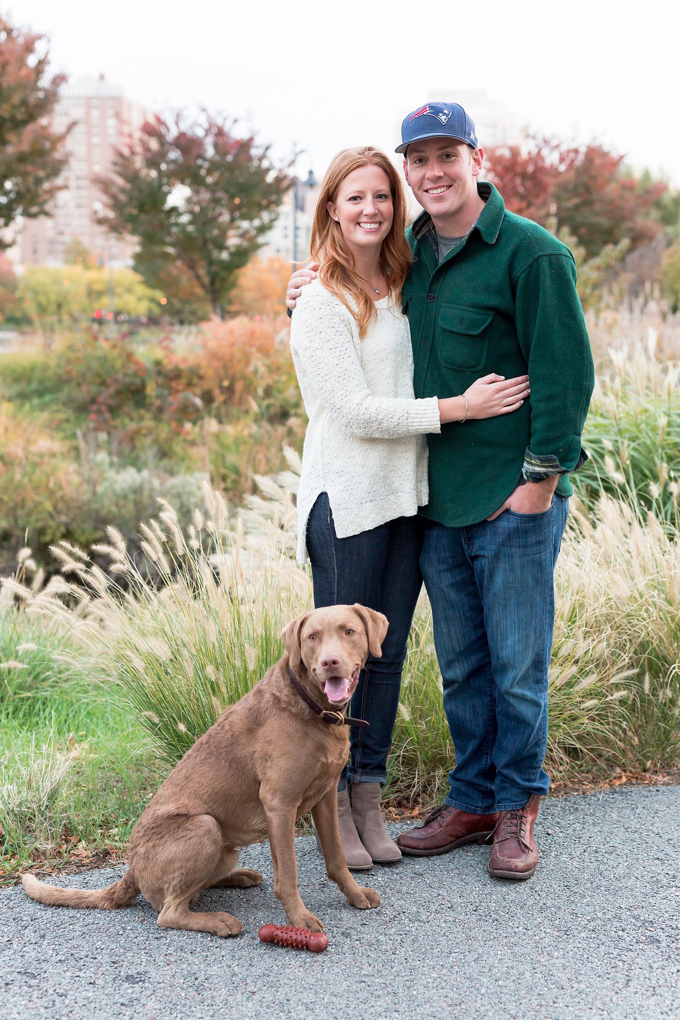 fall boston engagement session with chesapeake bay retriever