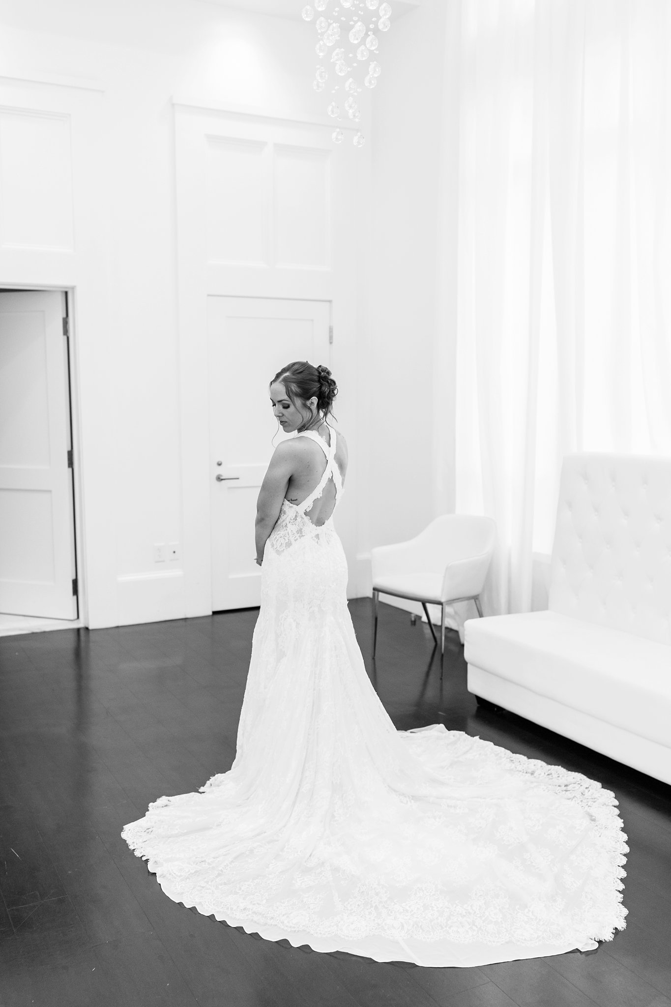 black and white photo of bride at Lakeview Pavilion