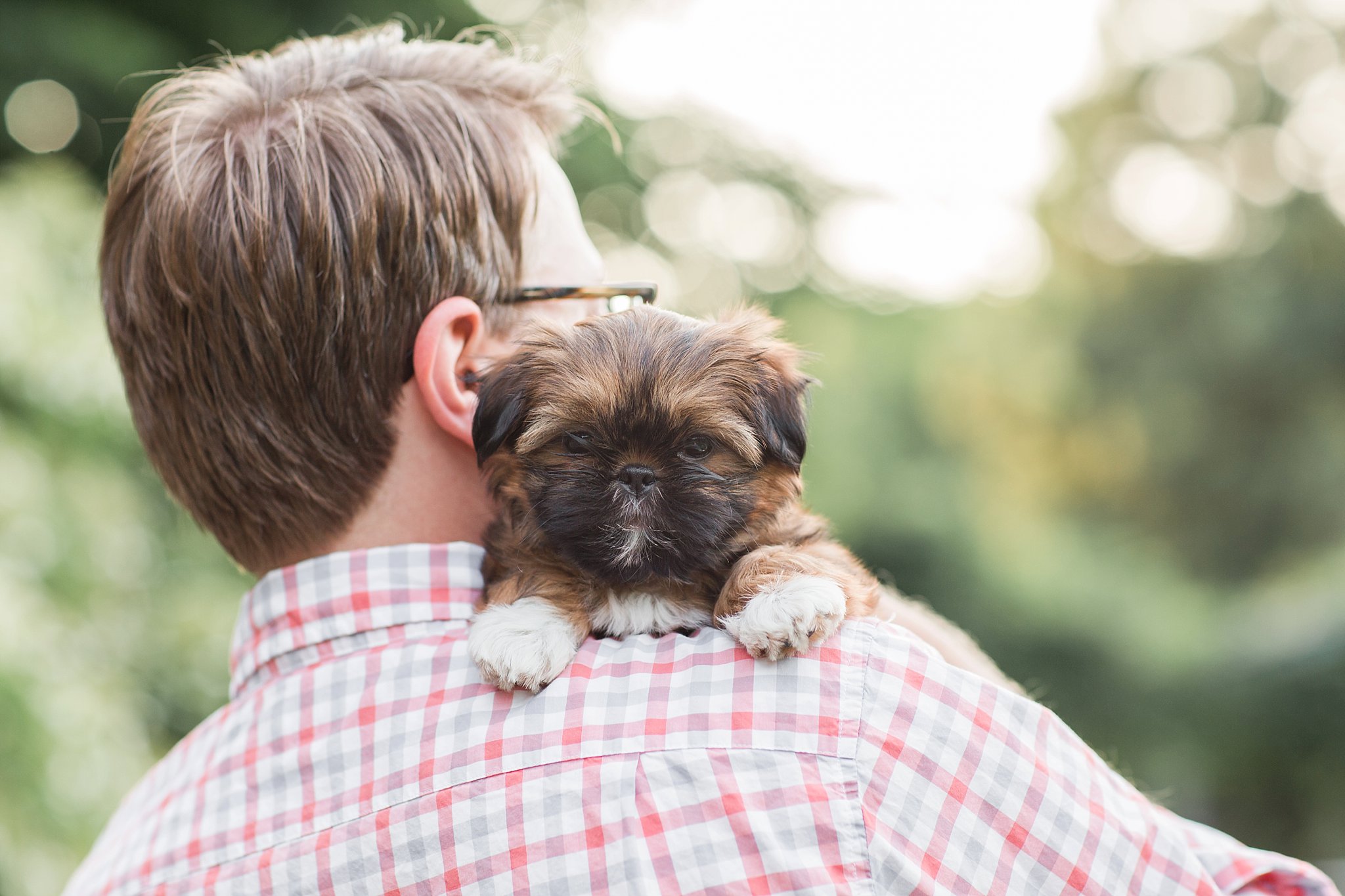 man holding his shih tzu puppy over his shoulder in the Arnold Arboretum in Jamaica Pond, MA
