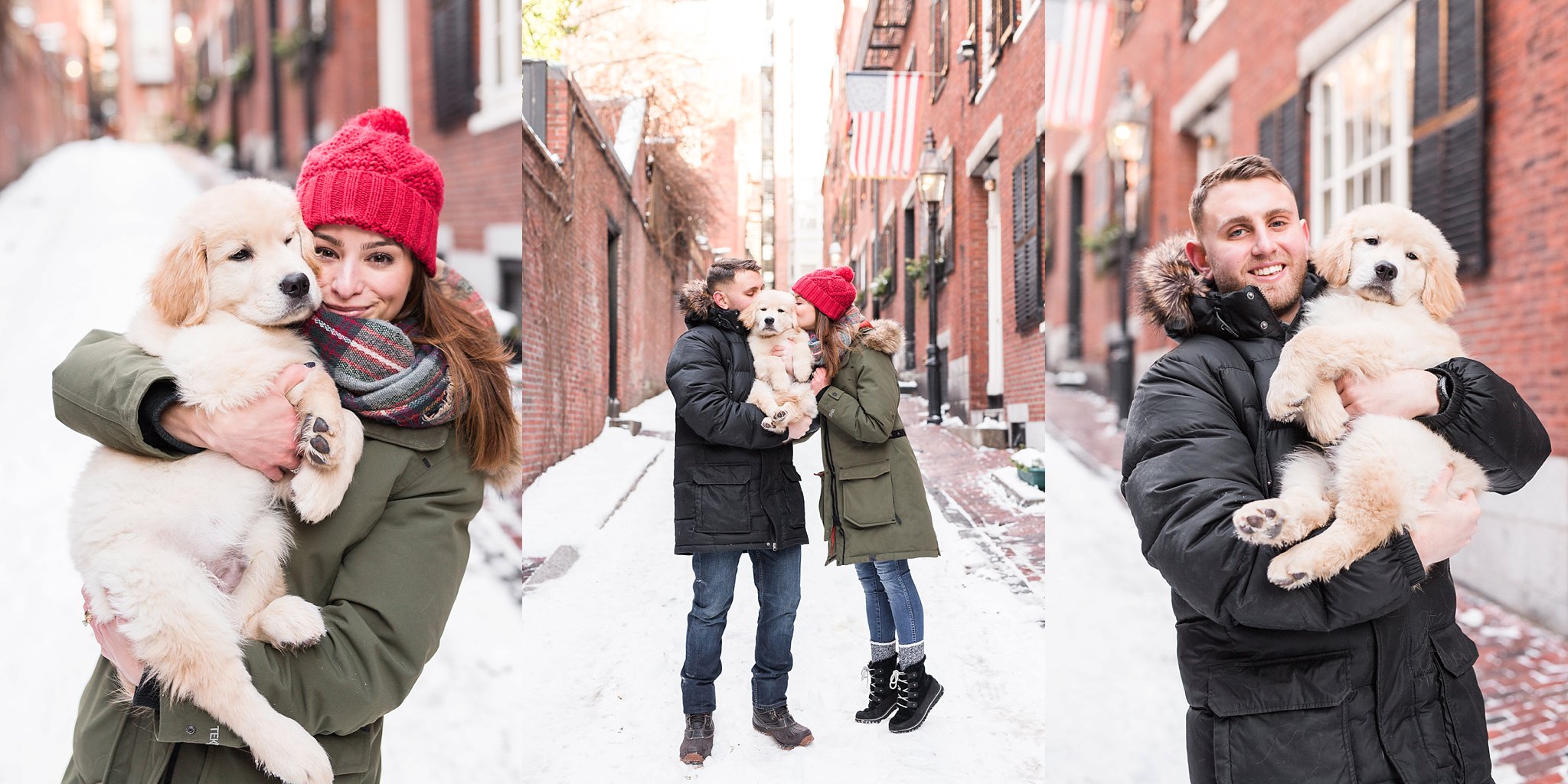 couple holding a golden retriever puppy in the snow streets of Beacon Hill, Boston