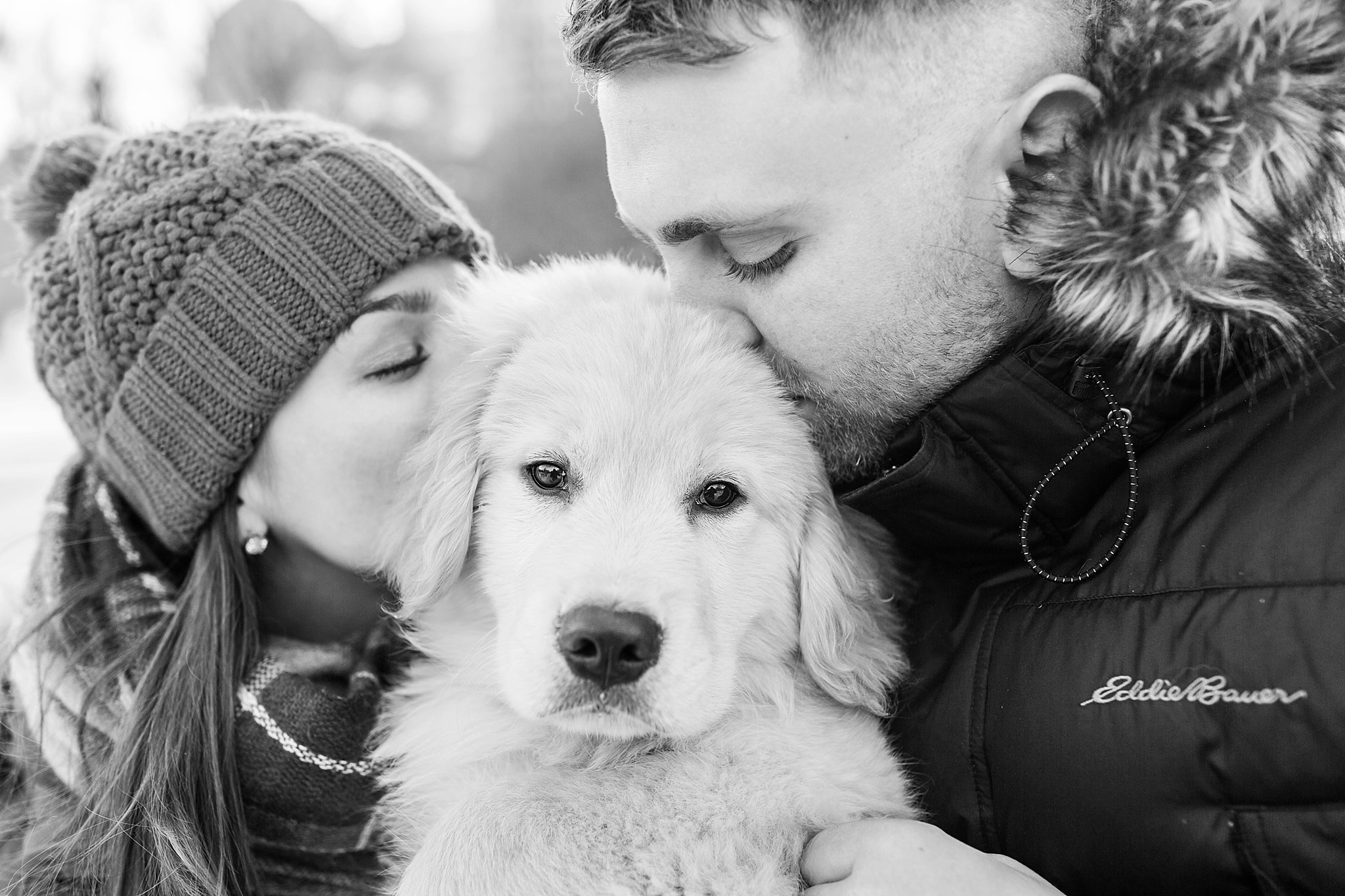 black and white photo of a couple kissing a golden retriever puppy in Boston