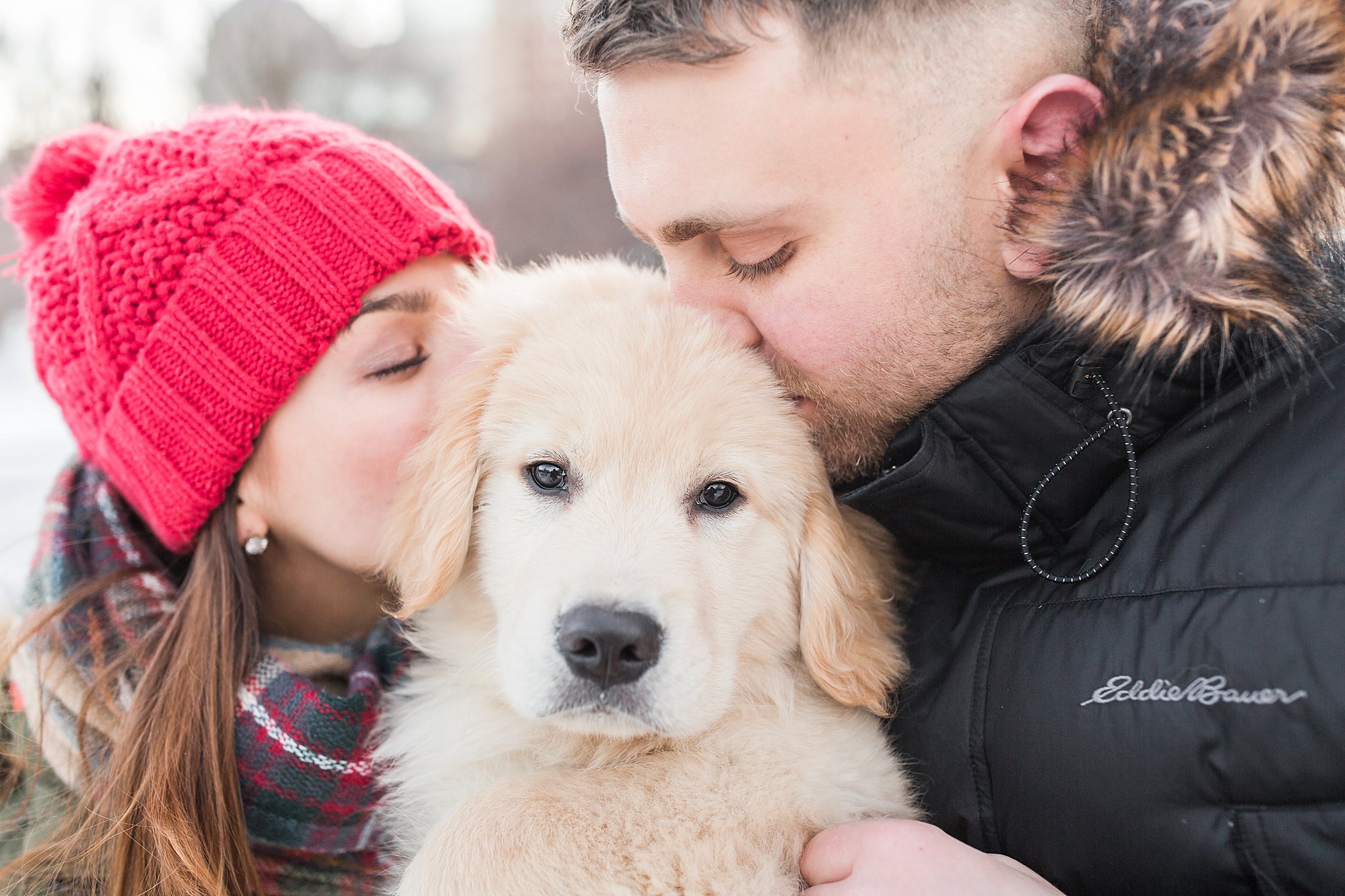 engaged couple kissing their golden retriever puppy in Boston