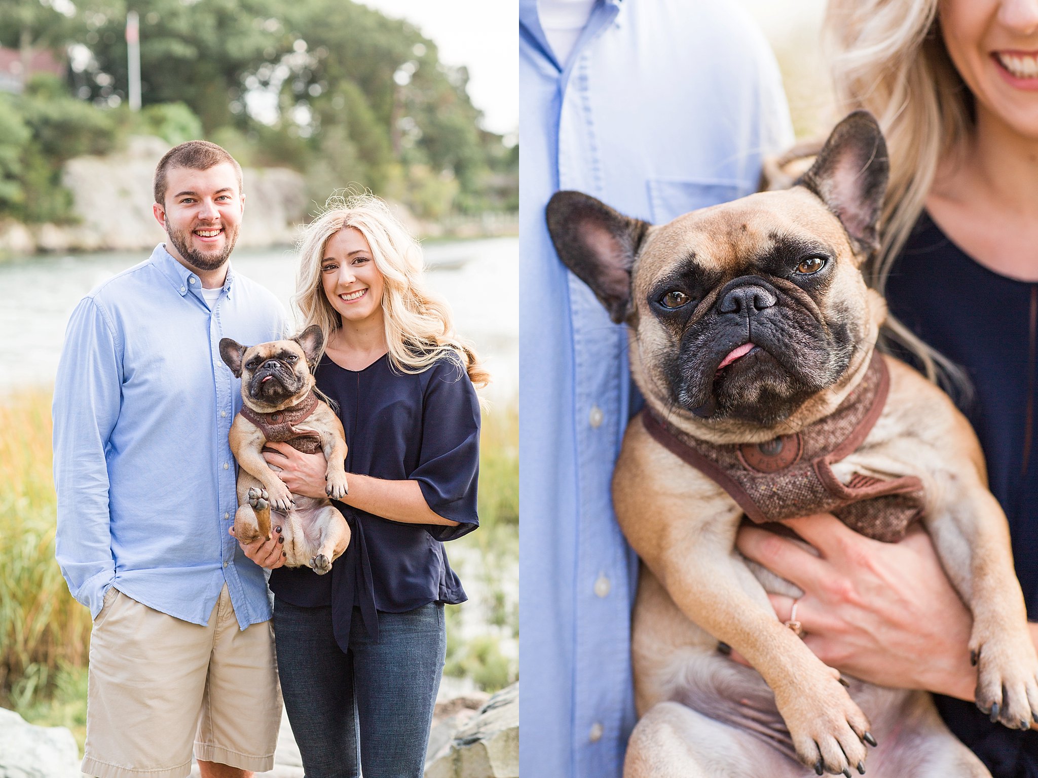 side by side image of couple and their frenchie at World's End