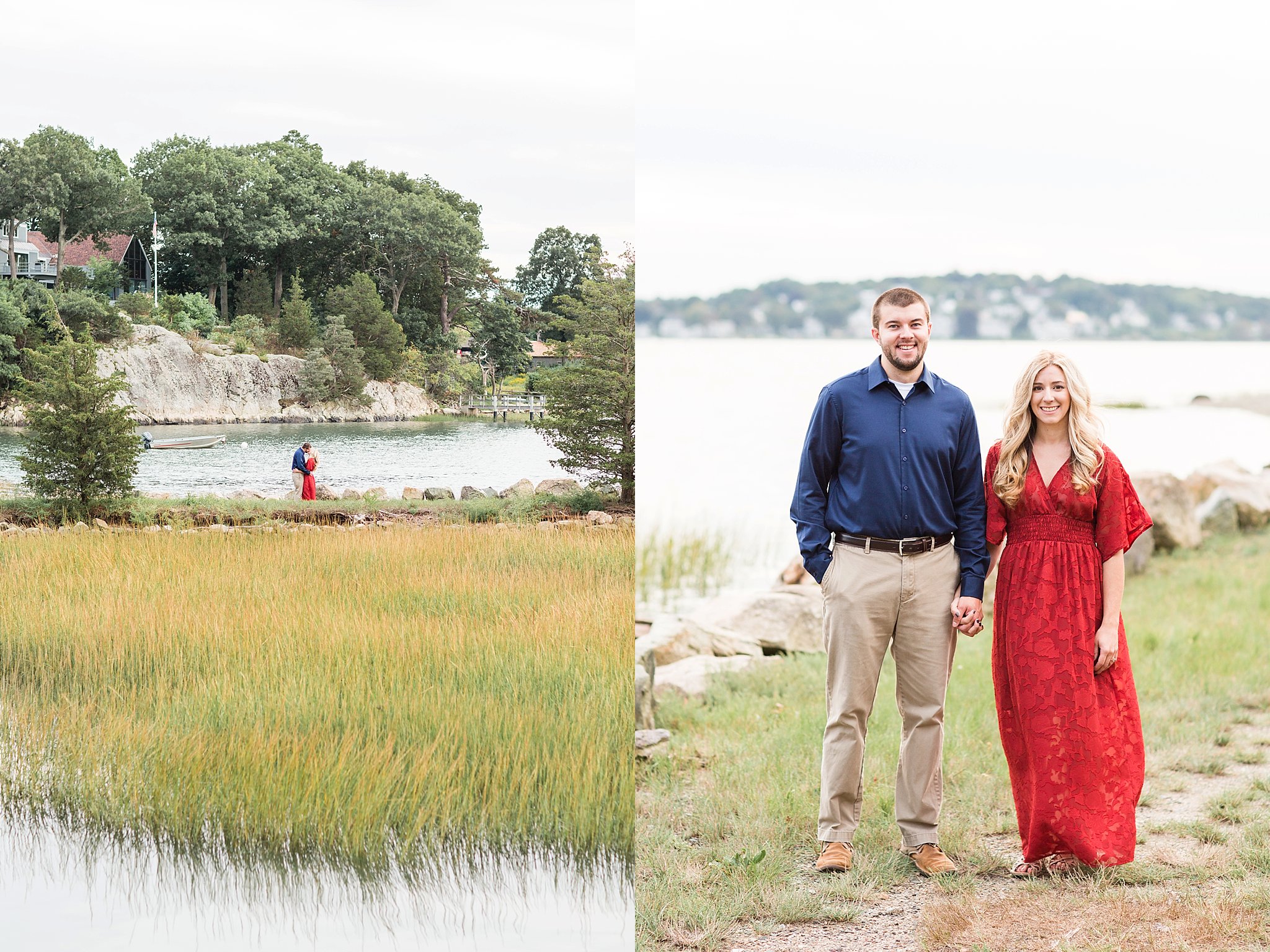 couple standing in a field at World's End in Hingham, MA