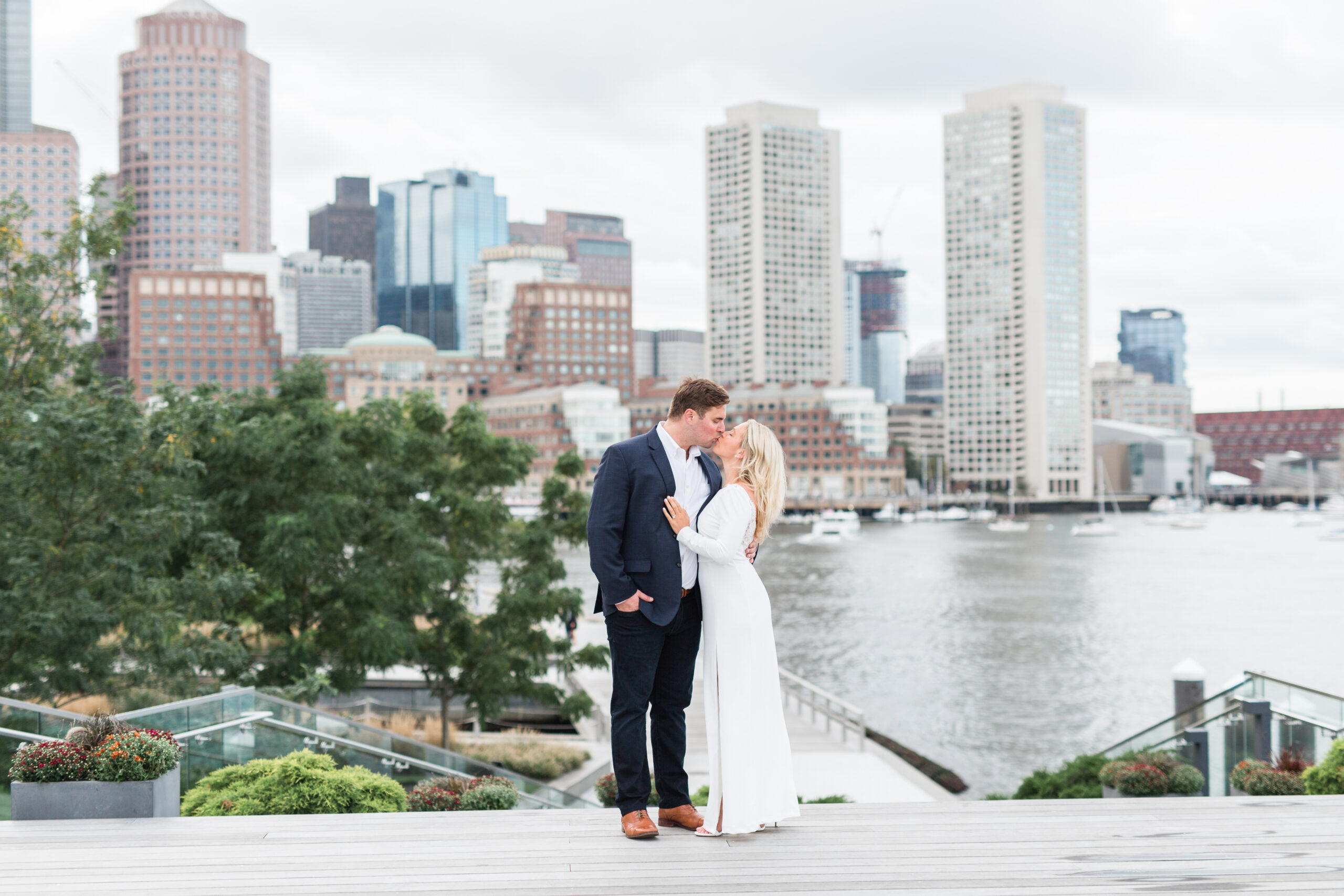 A couple posing for Boston engagement photos