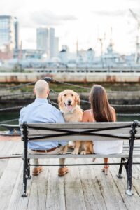 Couple looking away from camera and dog looking at camera during Boston family photo session