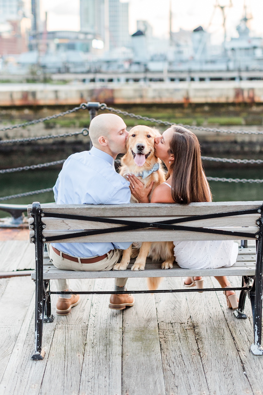 Couple kissing dog while sitting on a bench during Boston family photos with dogs