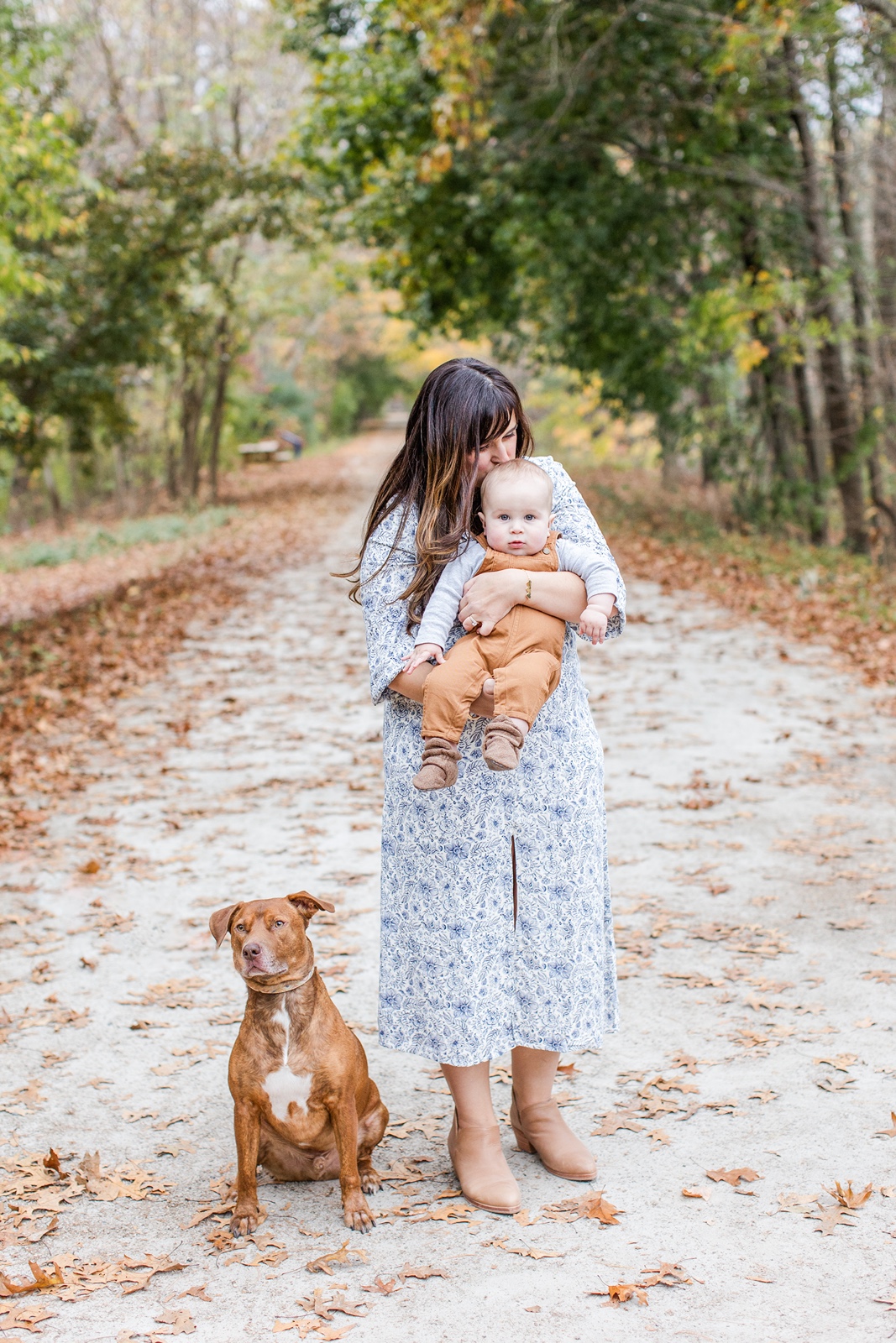 Woman with baby and dog during Boston family photos with dogs
