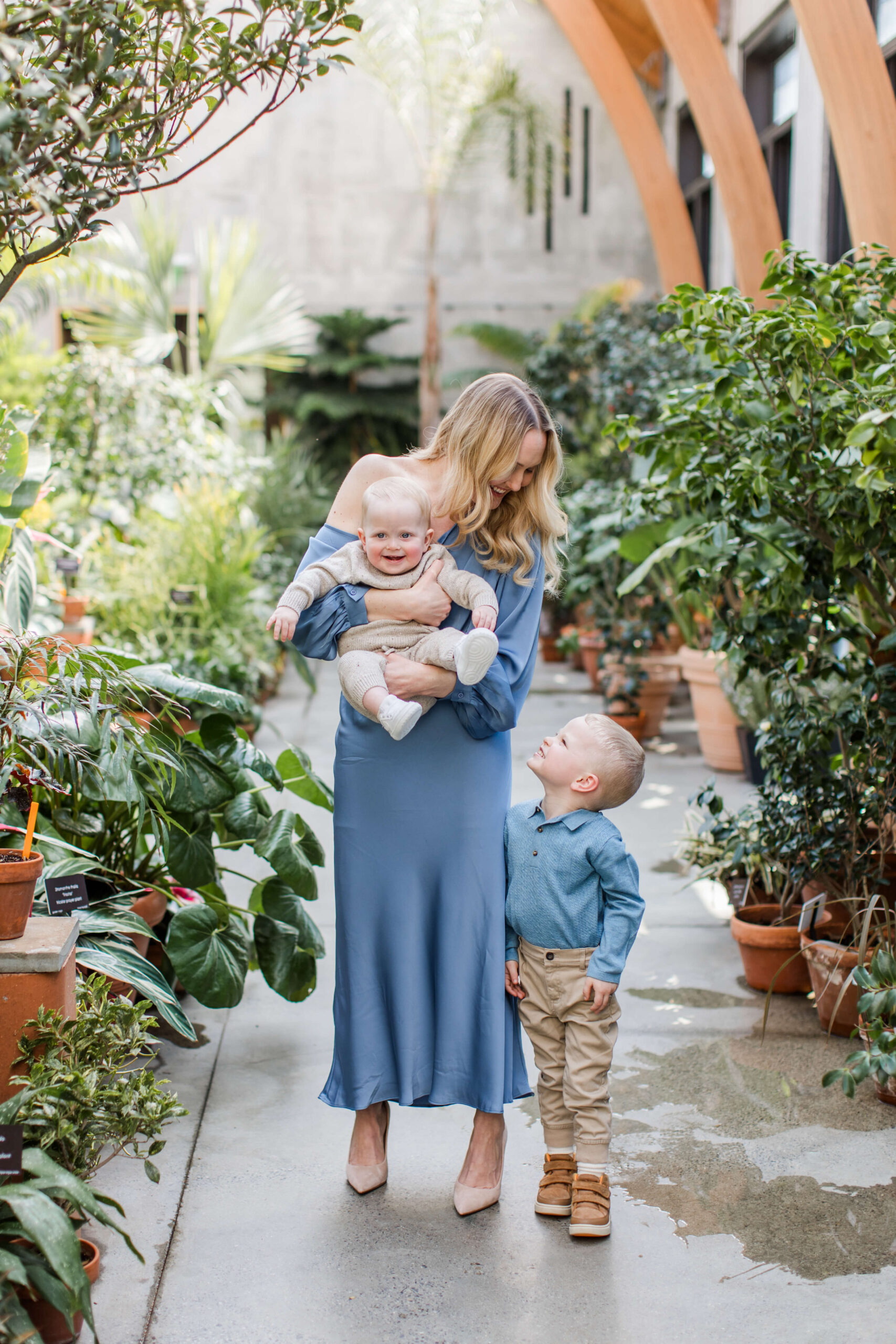 A mother in a blue satin dress holds her smiling baby while her young blond son looks up at her adoringly during family photos in Boston, captured inside a lush botanical conservatory. The trio stands along a pathway lined with tropical plants and terracotta pots, with wooden arched beams visible overhead.