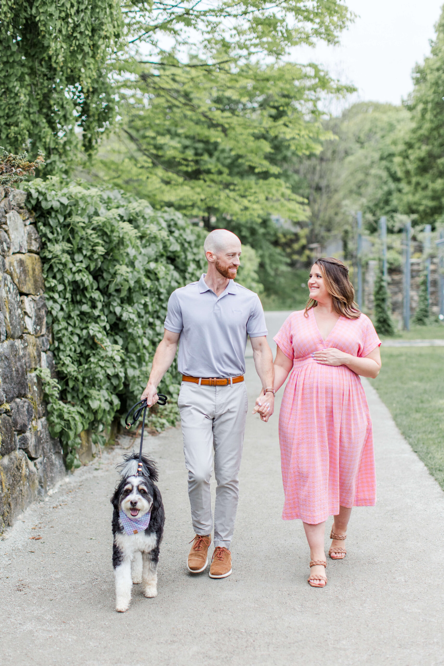 A couple walking hand in hand down a lush garden path, the woman in a pink midi dress and the man in a light blue polo, with their bernedoodle dog walking alongside them