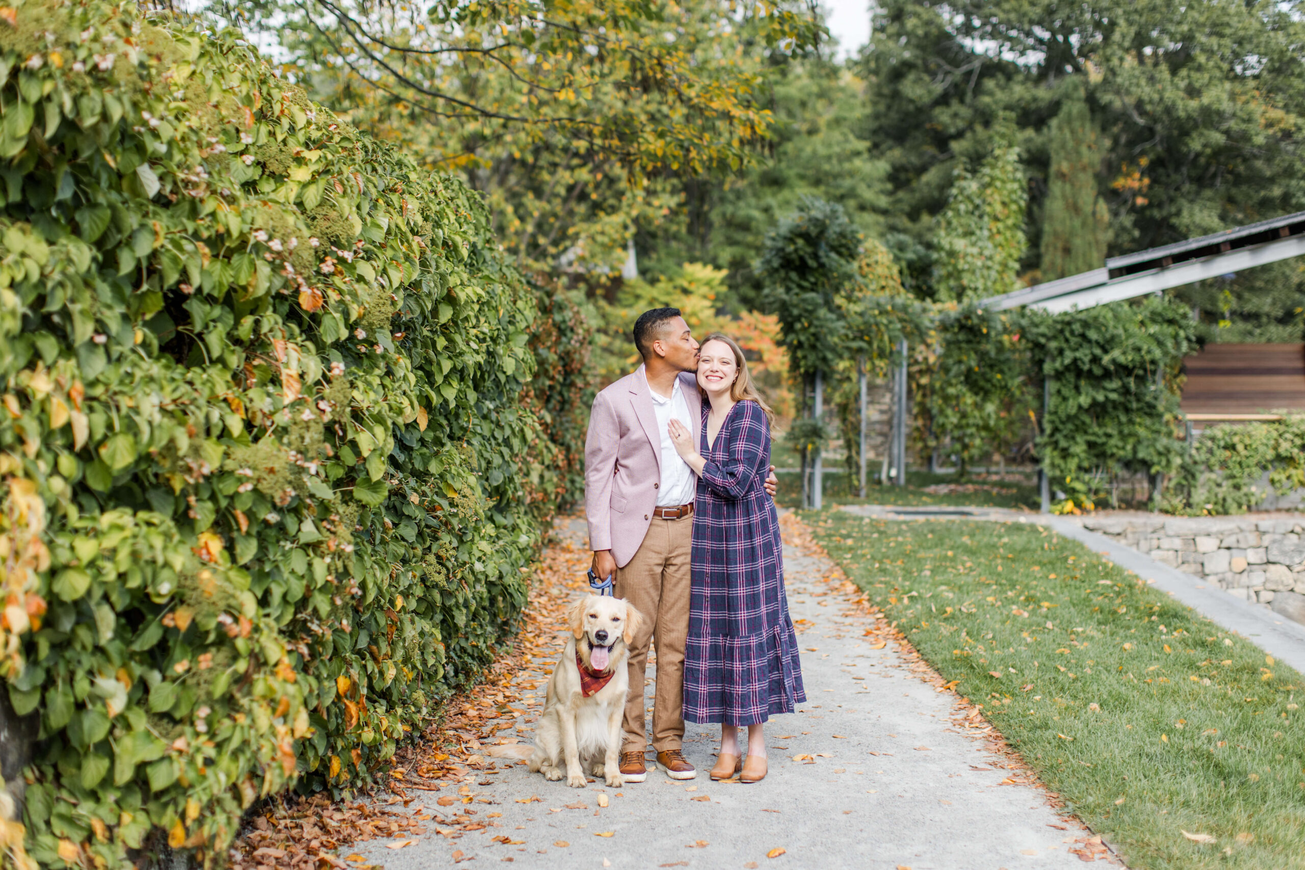 Couple posing with their golden retriever during a fall mini session at Boston Public Garden, surrounded by greenery and fallen leaves.