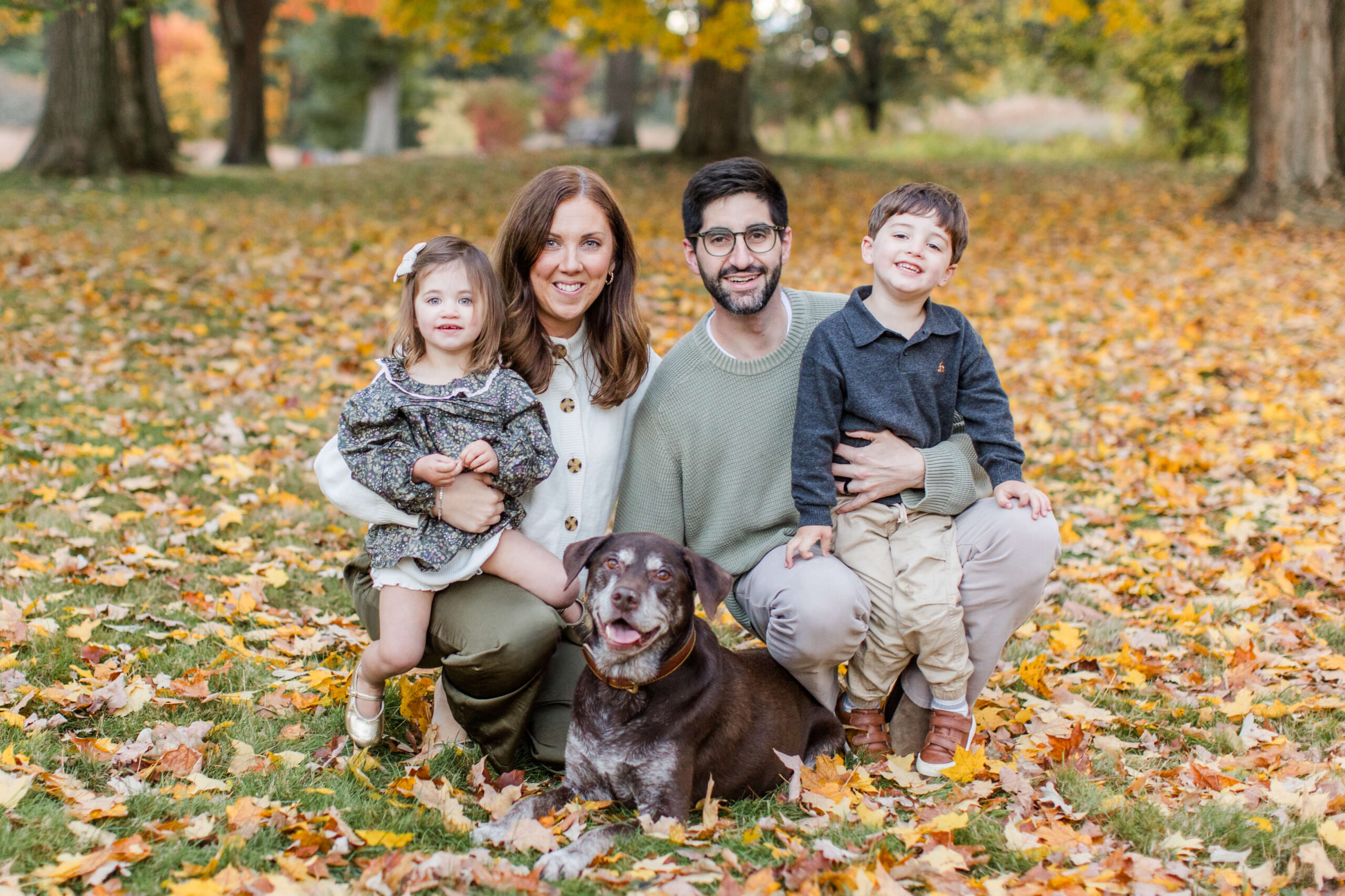 Family of four posing with their brown dog on a lawn covered in colorful fall leaves.
