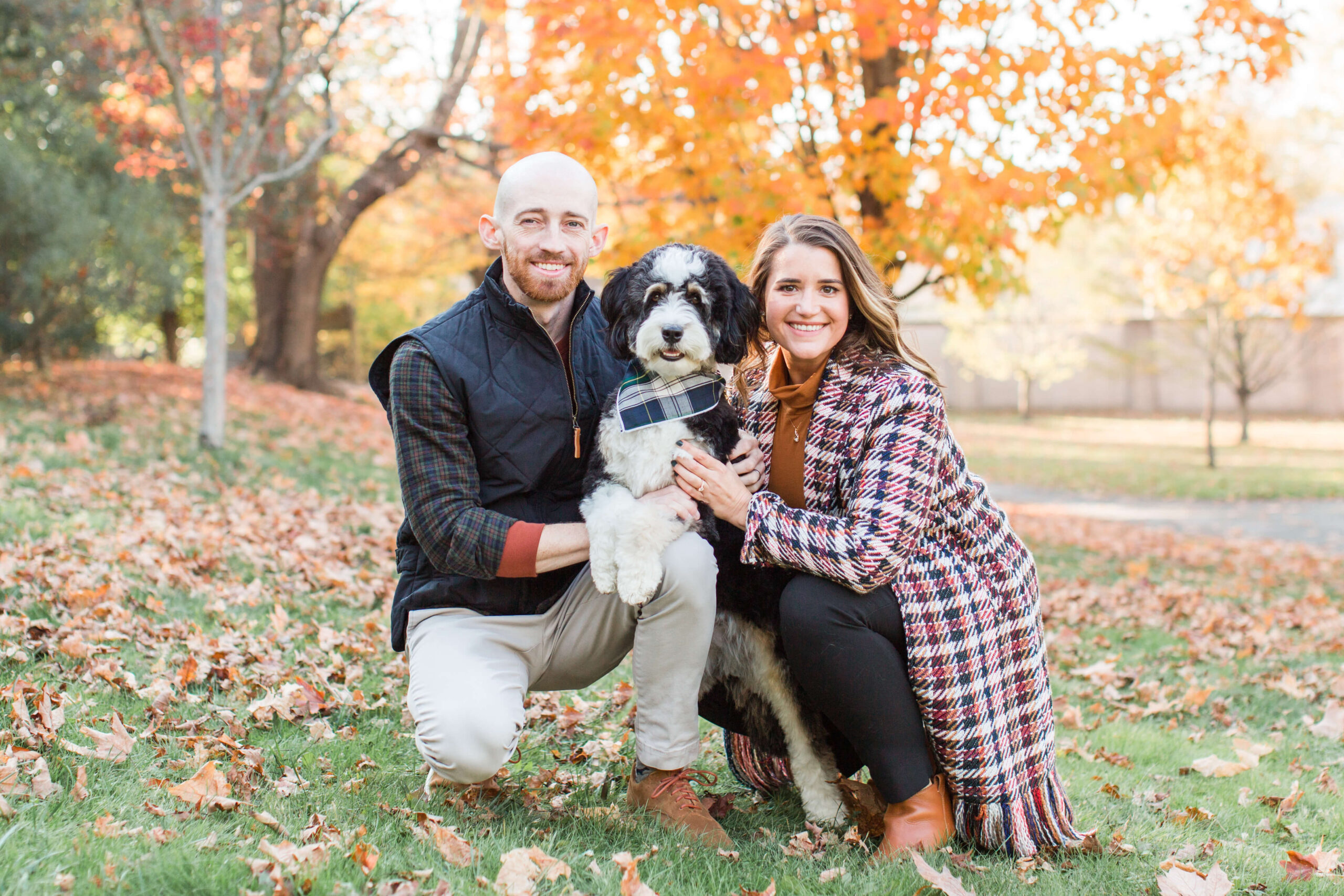 Couple posing with their black-and-white dog during a fall mini session, surrounded by fallen leaves and bright orange autumn foliage.