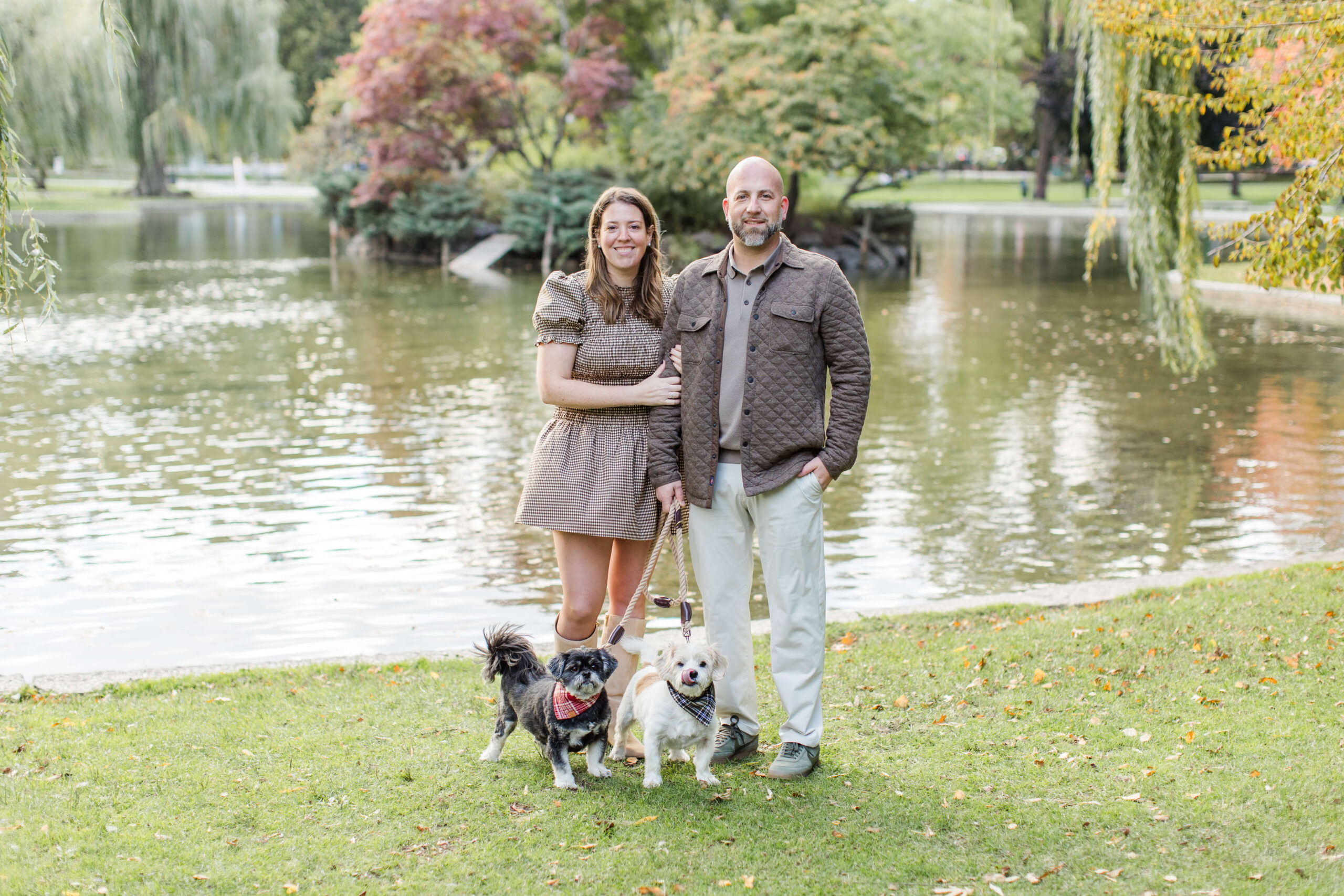 Couple posing with their two small dogs beside the lagoon during a fall photo session at Boston Public Garden.
